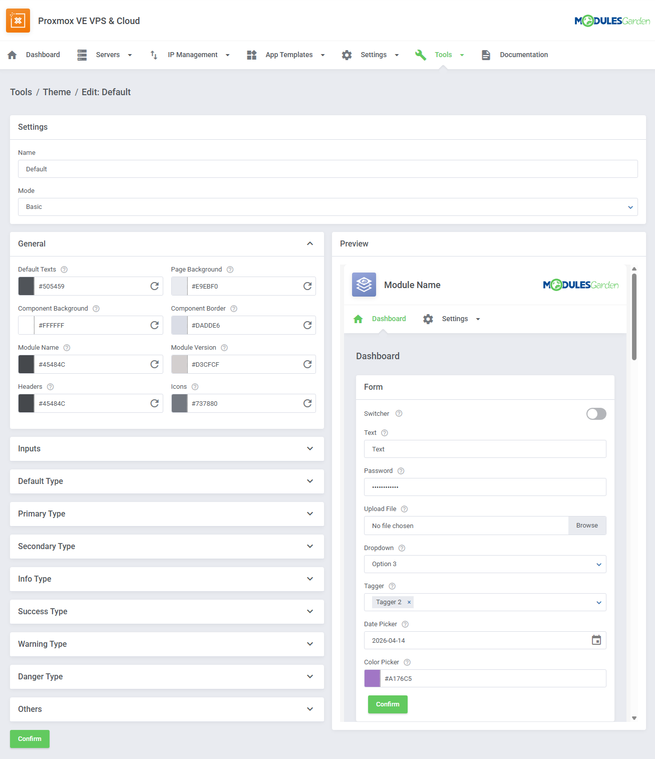 Proxmox VE VPS And Cloud For WHMCS: Tools Theme edit page in Basic mode with color settings and a live preview of the