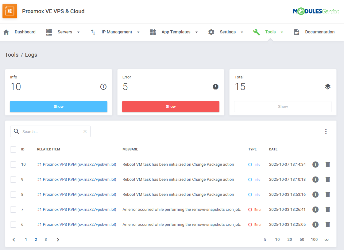 Proxmox VE VPS And Cloud For WHMCS: Tools Logs page with Info and Error counters and the table of module log entries