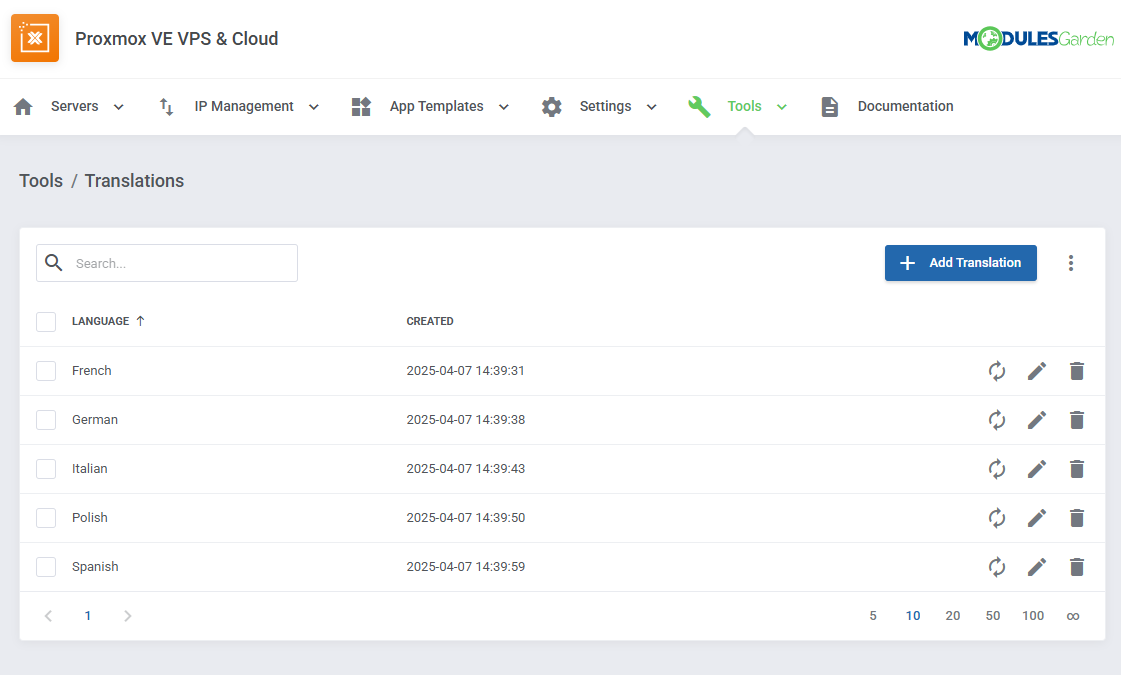 Proxmox VE VPS And Cloud For WHMCS: Tools Translations page with the list of languages and the Add Translation button