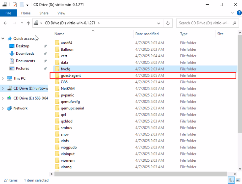 Proxmox VE VPS And Cloud For WHMCS: File Explorer showing the virtio-win CD drive with the guest-agent folder