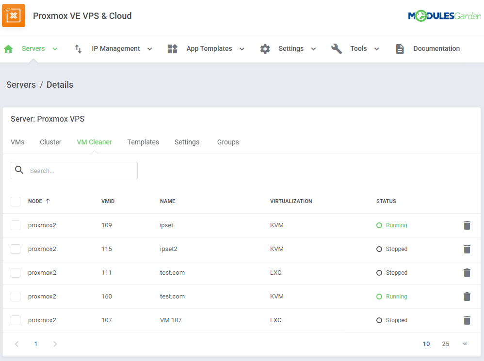 Proxmox VE VPS And Cloud For WHMCS: server details VM Cleaner tab listing VMs on the server with delete icons