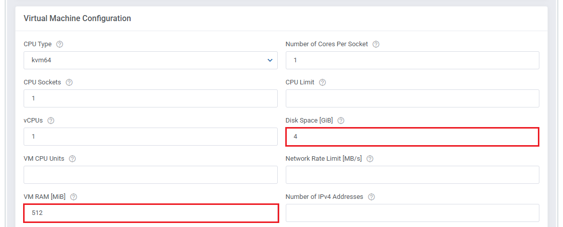Proxmox VE VPS And Cloud For WHMCS: admin Virtual Machine Configuration with Disk Space 4 GiB and RAM 512 MiB marked