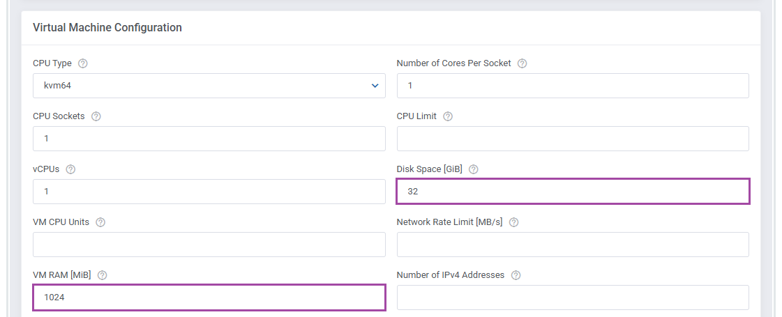 Proxmox VE VPS And Cloud For WHMCS: admin Virtual Machine Configuration with higher Disk Space and RAM limits