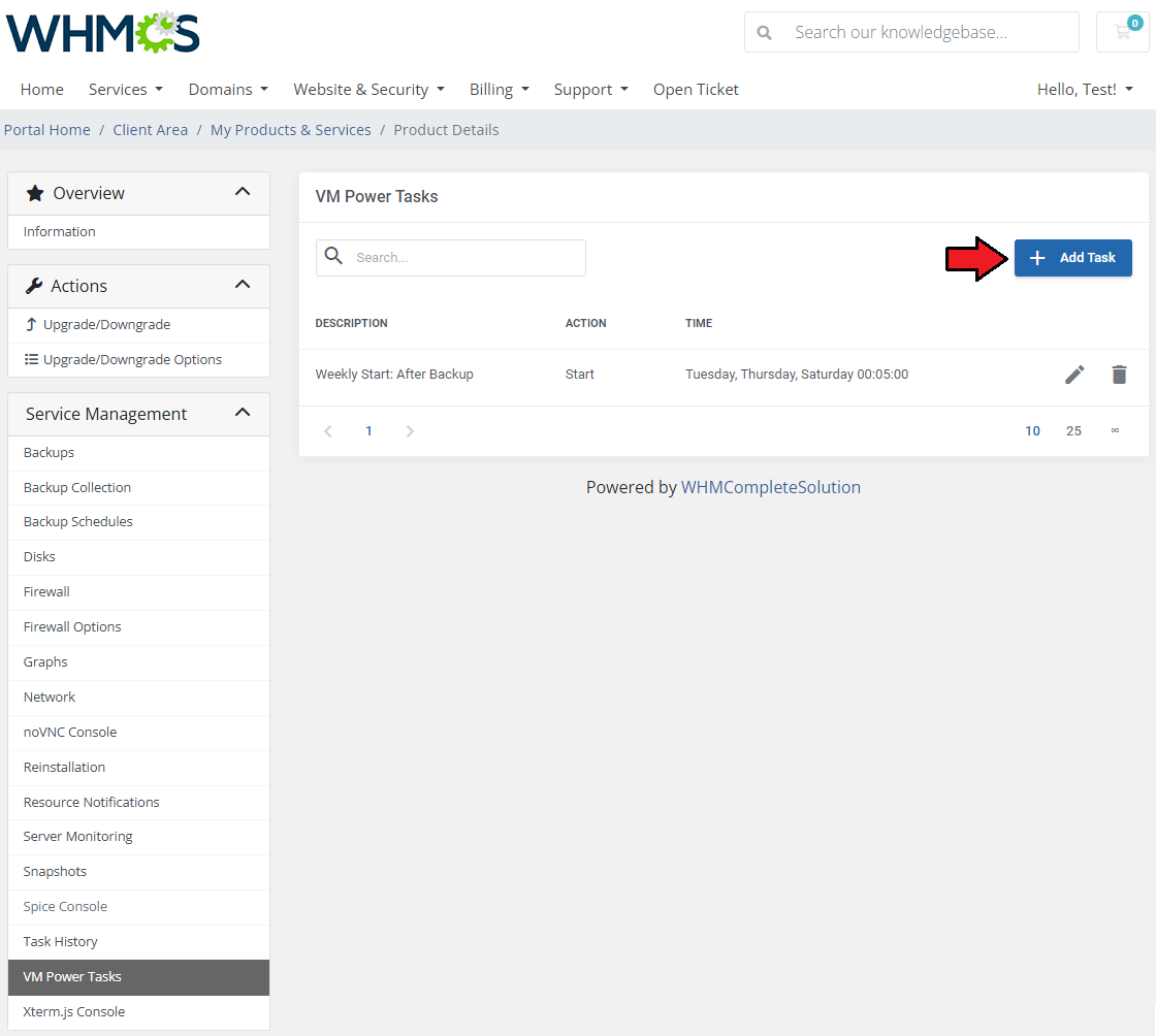 Proxmox VE VPS And Cloud For WHMCS: client area VM Power Tasks list with the Add Task button