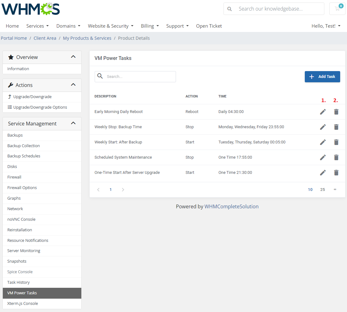Proxmox VE VPS And Cloud For WHMCS: client area VM Power Tasks list with edit and delete icons for each scheduled task