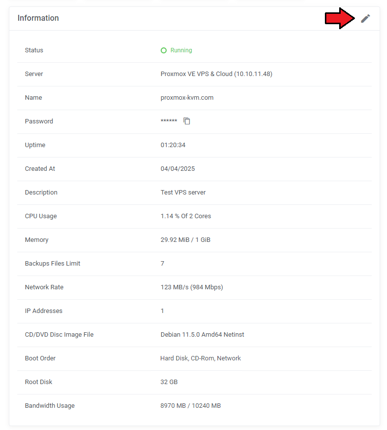 Proxmox VE VPS And Cloud For WHMCS: Information panel of a VPS with the edit pencil icon highlighted