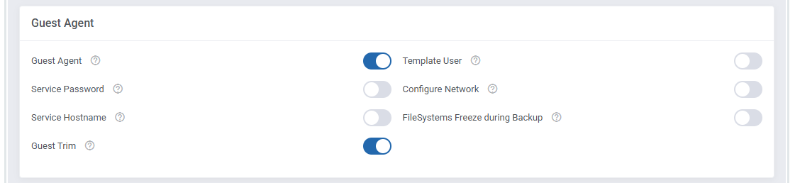 Proxmox VE VPS And Cloud For WHMCS: VPS KVM module settings Guest Agent section with its option toggles