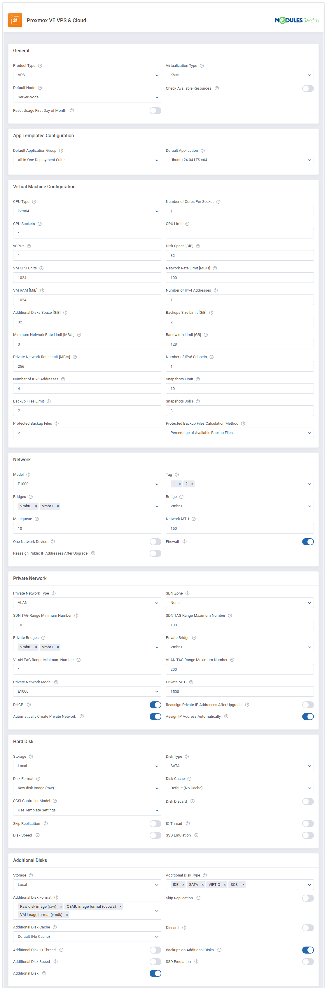 Proxmox VE VPS And Cloud For WHMCS: VPS KVM module settings with general, virtual machine, network and disk sections