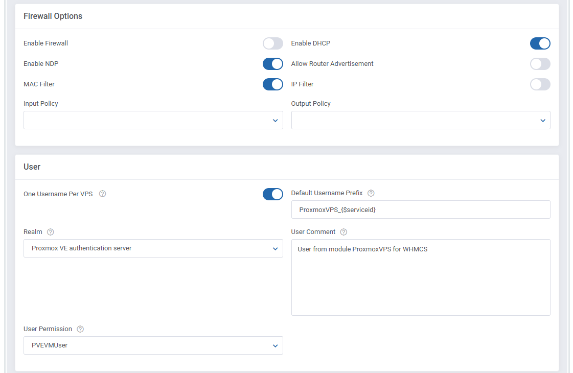 Proxmox VE VPS And Cloud For WHMCS: VPS LXC module settings with Firewall Options and User sections
