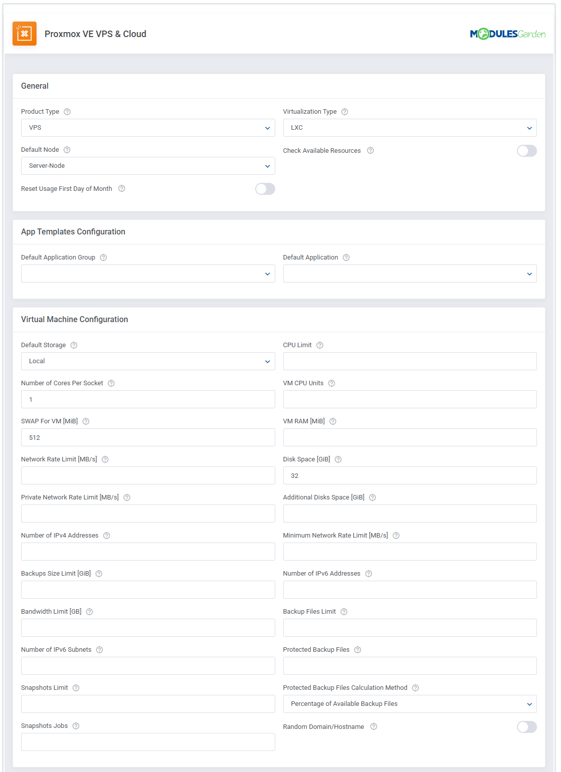 Proxmox VE VPS And Cloud For WHMCS: VPS LXC module settings with general and virtual machine configuration