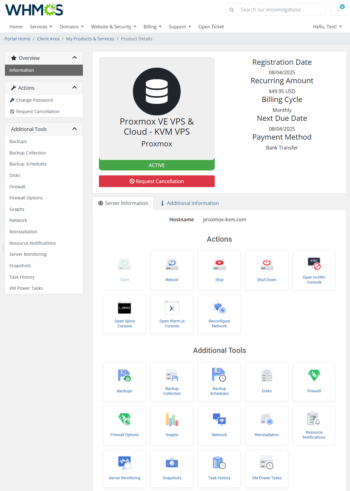 Proxmox VE VPS And Cloud For WHMCS: KVM VPS service page with the Actions and Additional Tools icon sections