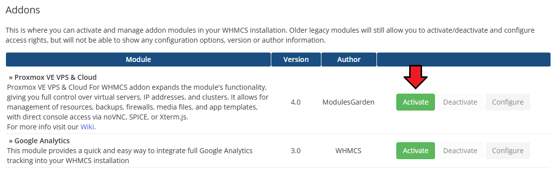 Proxmox VE VPS And Cloud For WHMCS: WHMCS Addon Modules list with the Activate button next to the module