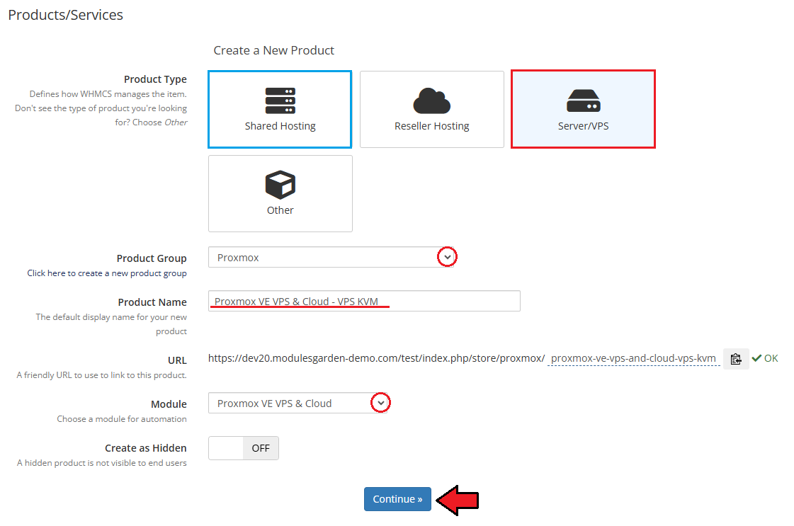 Proxmox VE VPS And Cloud For WHMCS: WHMCS Create a New Product form with Server/VPS type and Proxmox module