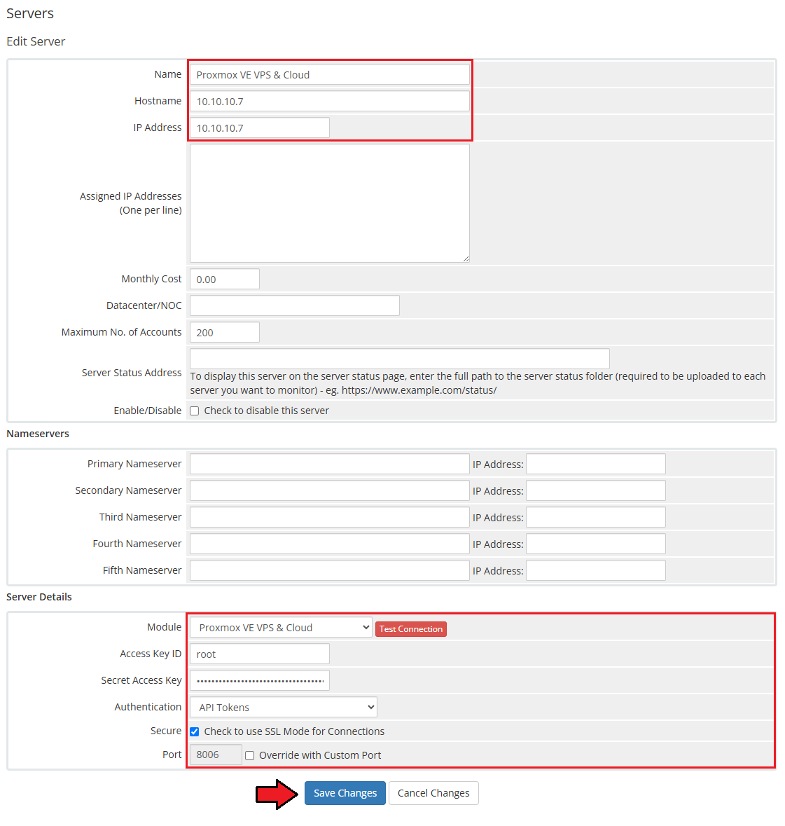 Proxmox VE VPS And Cloud For WHMCS: WHMCS Edit Server form with name, hostname, IP, API token and Save Changes