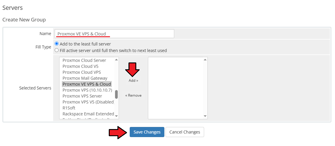 Proxmox VE VPS And Cloud For WHMCS: WHMCS Create New Group form with the Proxmox server selected and Add button