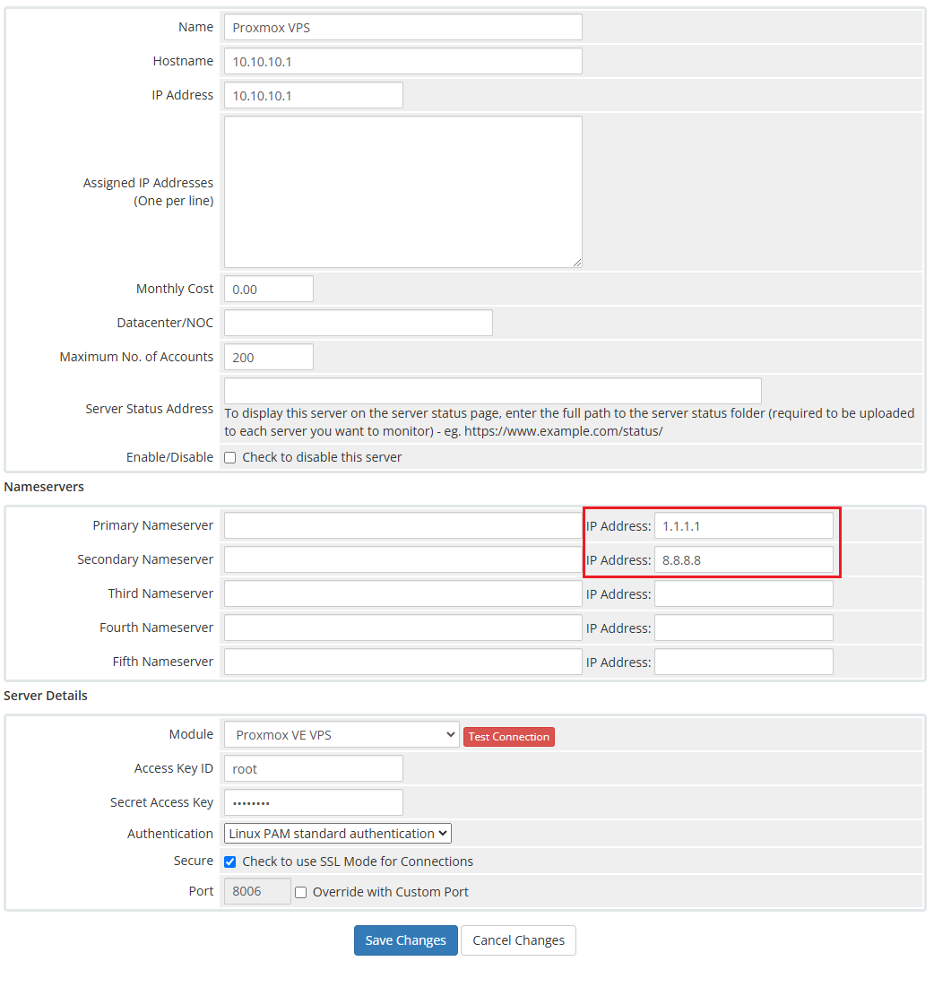 Proxmox VE VPS And Cloud For WHMCS: WHMCS Edit Server form with nameserver IP addresses highlighted