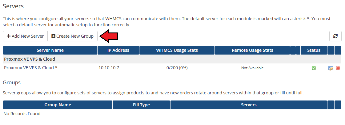 Proxmox VE VPS And Cloud For WHMCS: WHMCS Servers list with the Proxmox server and Create New Group button