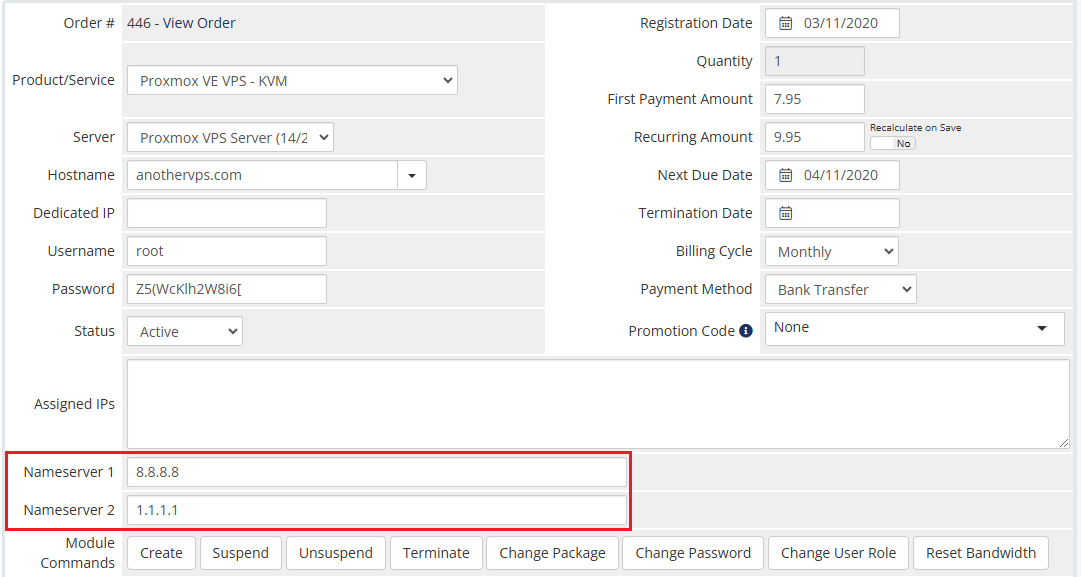 Proxmox VE VPS And Cloud For WHMCS: WHMCS service page with Nameserver 1 and Nameserver 2 fields highlighted
