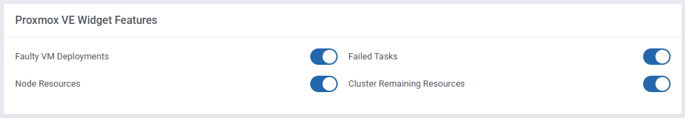 Proxmox VE VPS And Cloud For WHMCS: Proxmox VE Widget Features settings with four feature switches