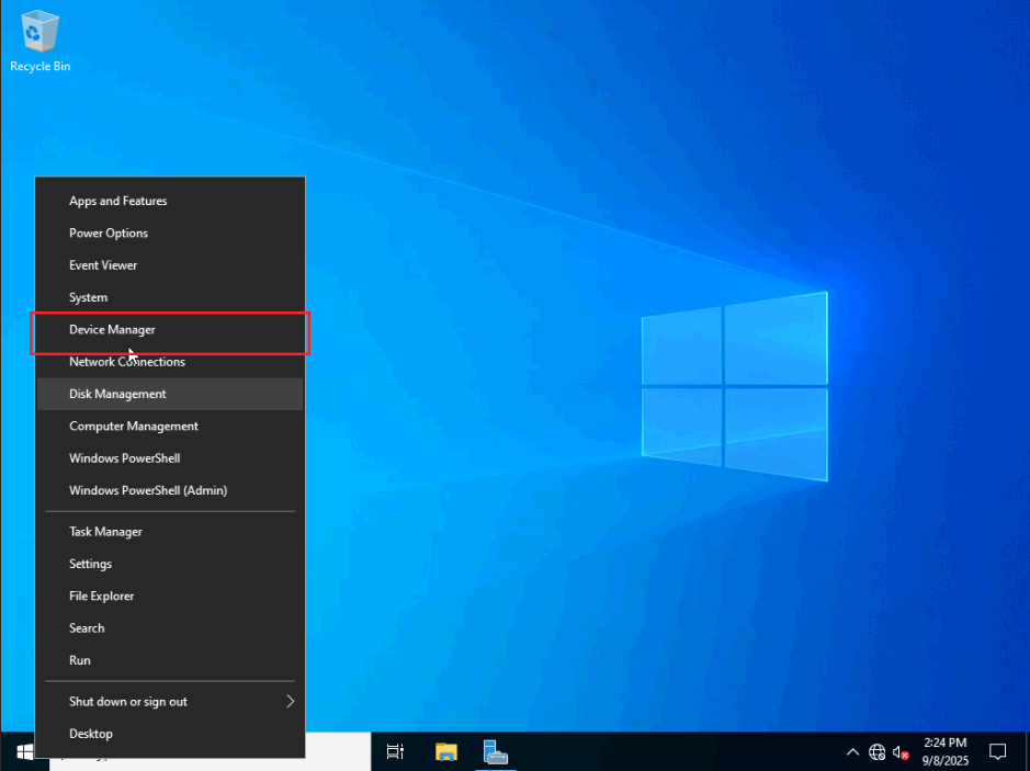 Proxmox VE VPS And Cloud For WHMCS: Windows Start button context menu with the Device Manager entry highlighted