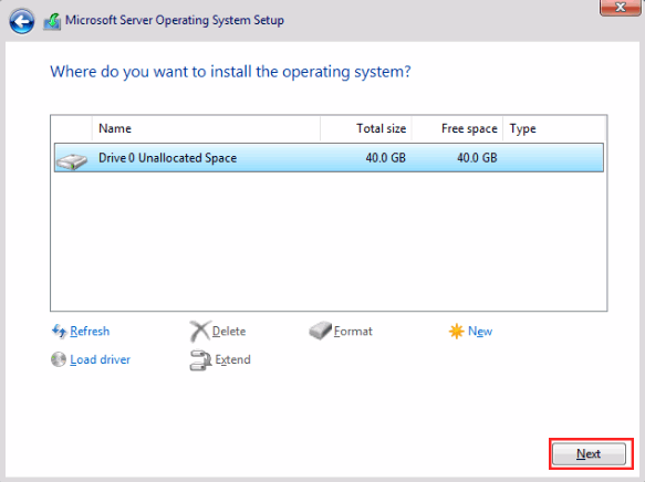 Proxmox VE VPS And Cloud For WHMCS: Windows Server setup disk screen with 40 GB unallocated space and Next marked