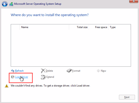 Proxmox VE VPS And Cloud For WHMCS: Windows Server setup disk selection screen with the Load driver link highlighted