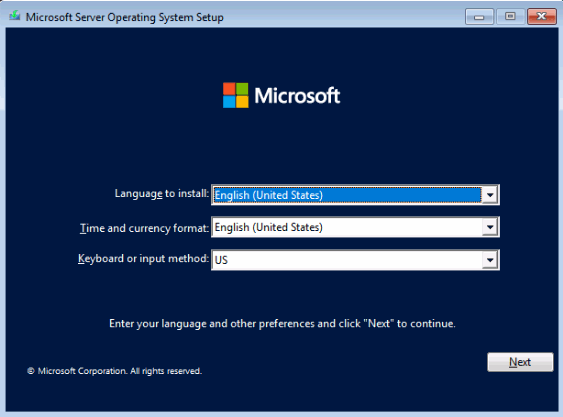Proxmox VE VPS And Cloud For WHMCS: Windows Server setup first screen with language, time format and keyboard selection