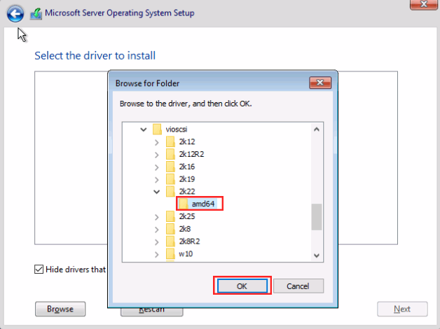 Proxmox VE VPS And Cloud For WHMCS: Windows Server setup driver dialog with the vioscsi 2k22 amd64 folder selected