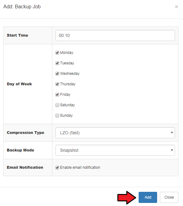 Proxmox VPS 2.X For WHMCS: Add Backup Job dialog with start time, days, compression and mode