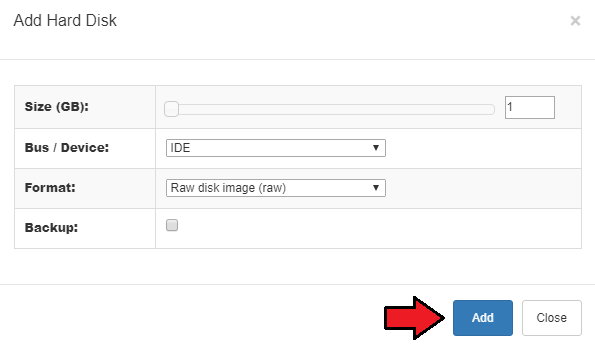 Proxmox VPS 2.X For WHMCS: Add Hard Disk dialog with size, bus, format and backup options