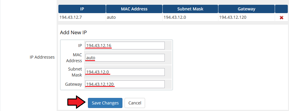 Proxmox VPS 2.X For WHMCS: WHMCS admin Add New IP form with IP, MAC address, subnet mask and gateway fields