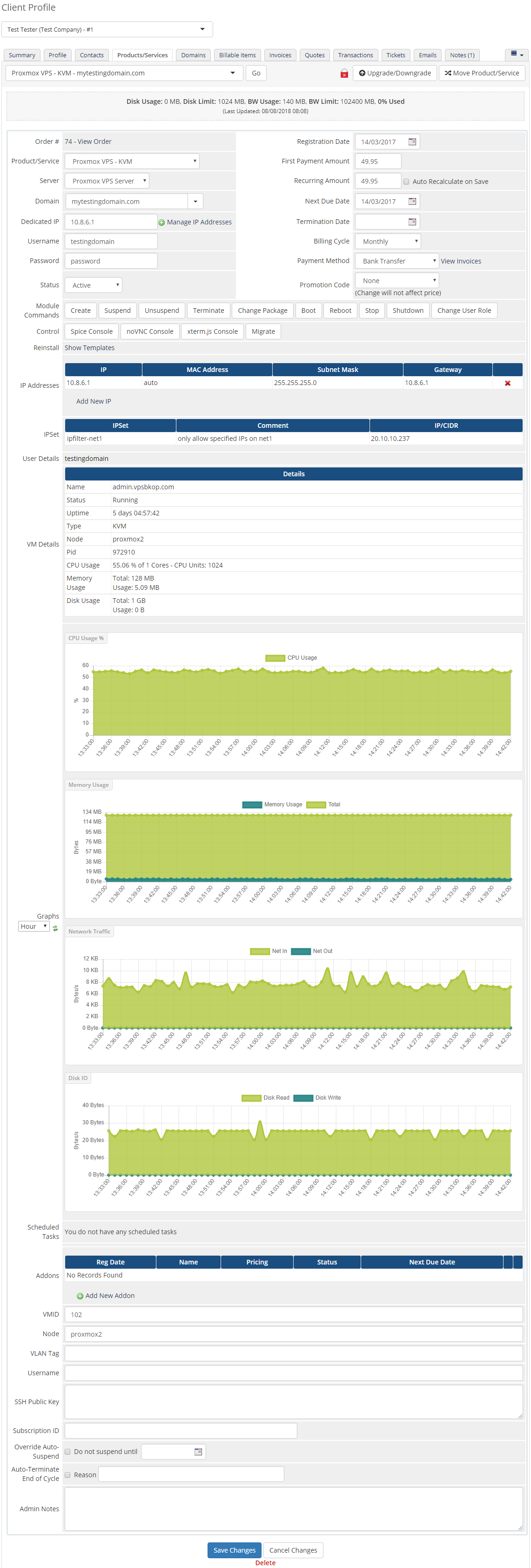 Proxmox VPS 2.X For WHMCS: WHMCS admin KVM service page with VM details, graphs and the Add New IP link