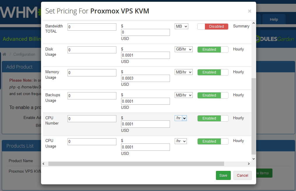 Proxmox VPS 2.X For WHMCS: Advanced Billing Set Pricing dialog with resource prices and Enabled toggles