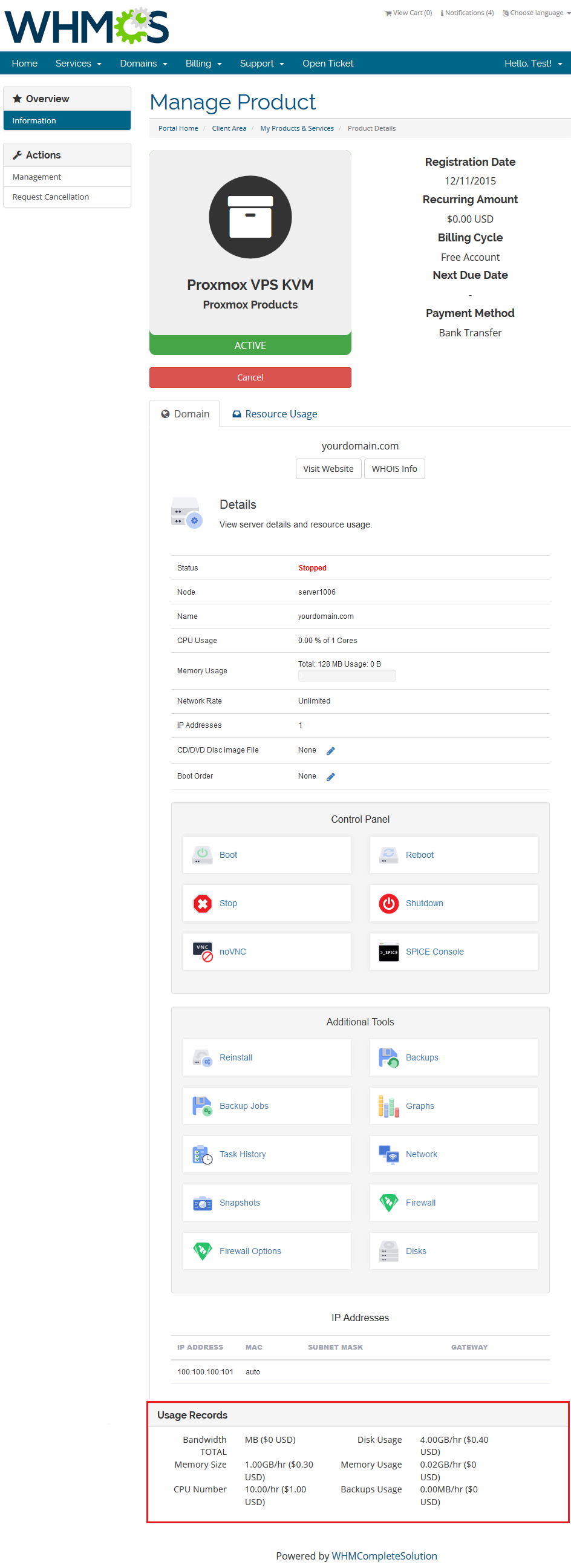 Proxmox VPS 2.X For WHMCS: client area product details with the Usage Records section of Advanced Billing