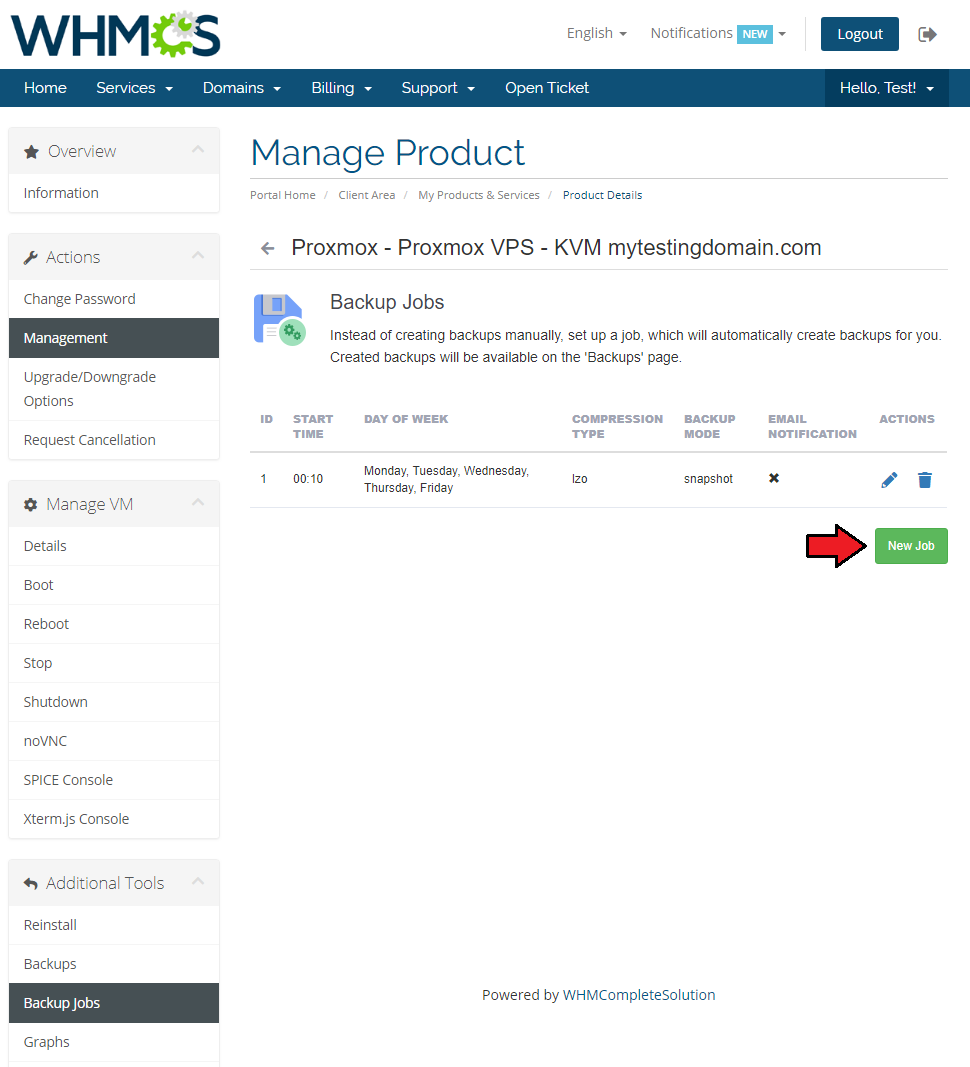 Proxmox VPS 2.X For WHMCS: client area Backup Jobs page with an existing job and the New Job button