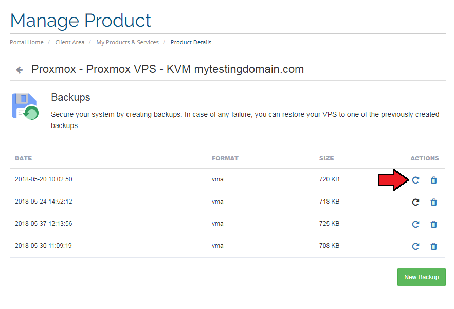 Proxmox VPS 2.X For WHMCS: client area Backups list with the Restore icon for a VM backup