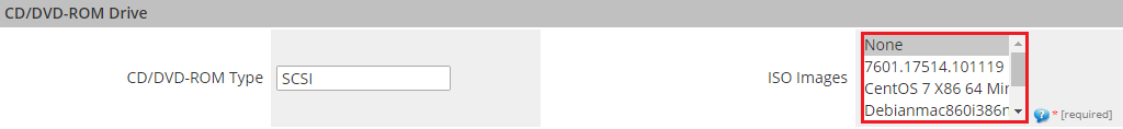 Proxmox VPS 2.X For WHMCS: CD/DVD-ROM Drive section of Module Settings with the ISO Images list highlighted