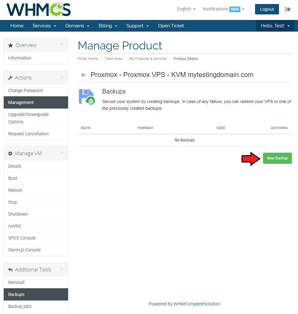 Proxmox VPS 2.X For WHMCS: client area Backups page with the New Backup button