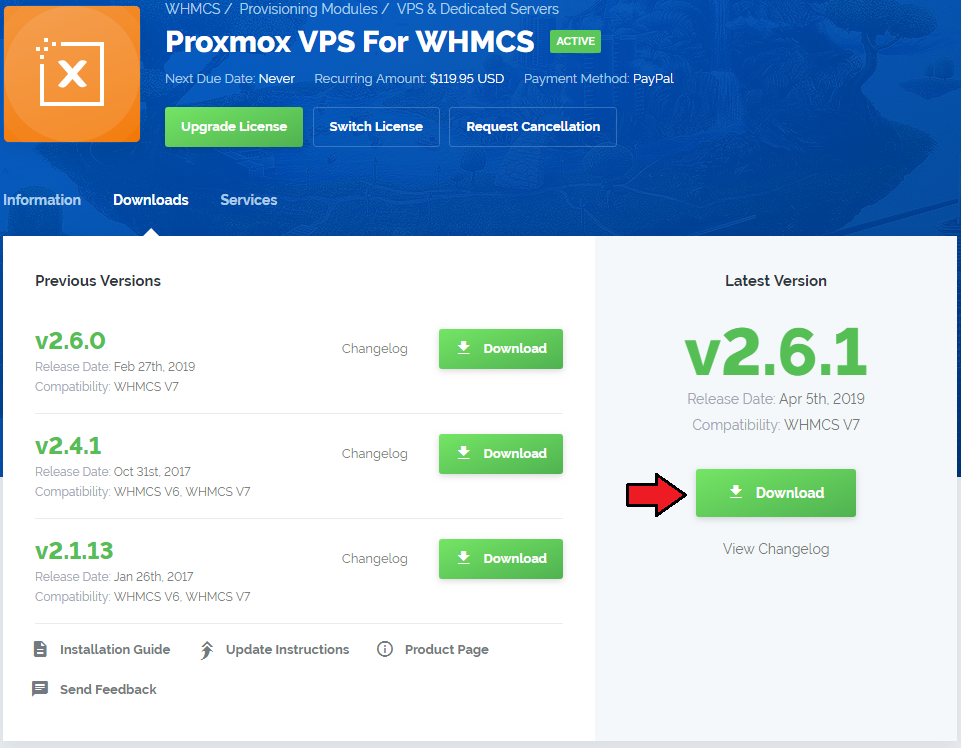 Proxmox VPS 2.X For WHMCS: client area Downloads tab with the Download button for the latest module version