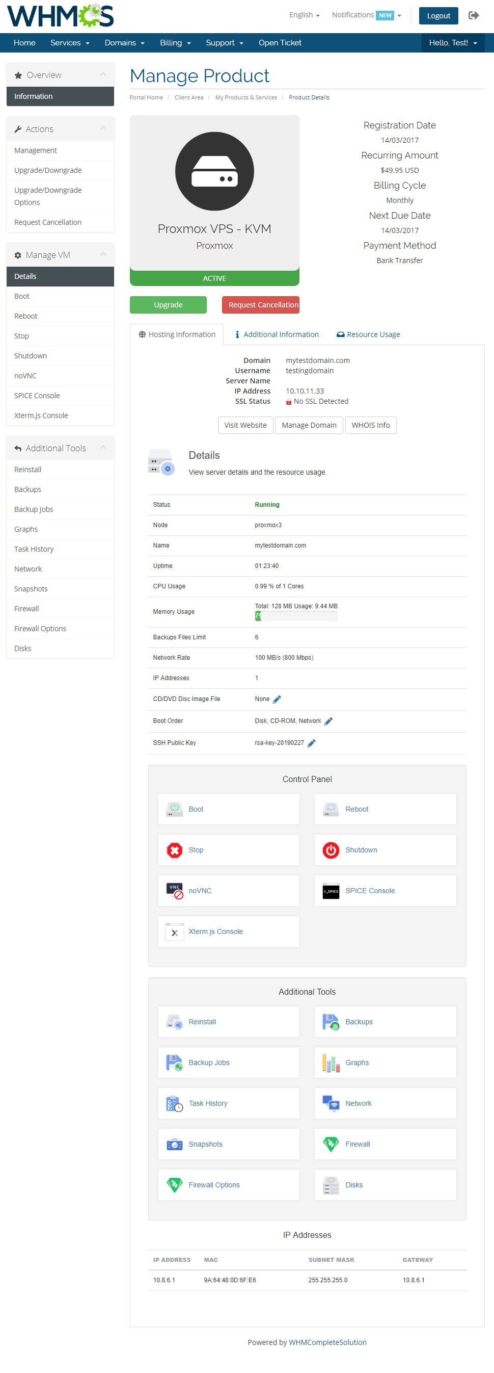 Proxmox VPS 2.X For WHMCS: client area Manage Product page of a KVM product with control panel and additional tools