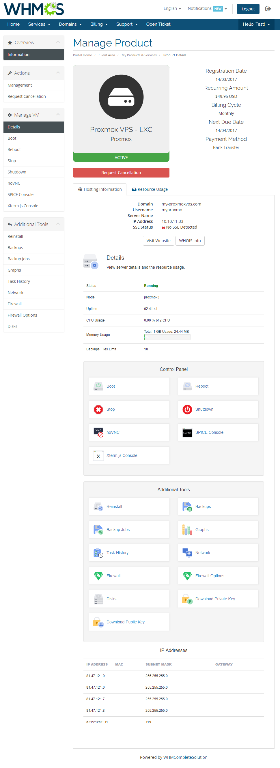 Proxmox VPS 2.X For WHMCS: client area Manage Product page of an LXC product with control panel and additional tools