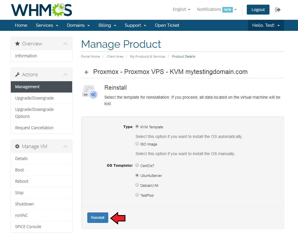 Proxmox VPS 2.X For WHMCS: client area Reinstall page with KVM template or ISO image type and OS template list