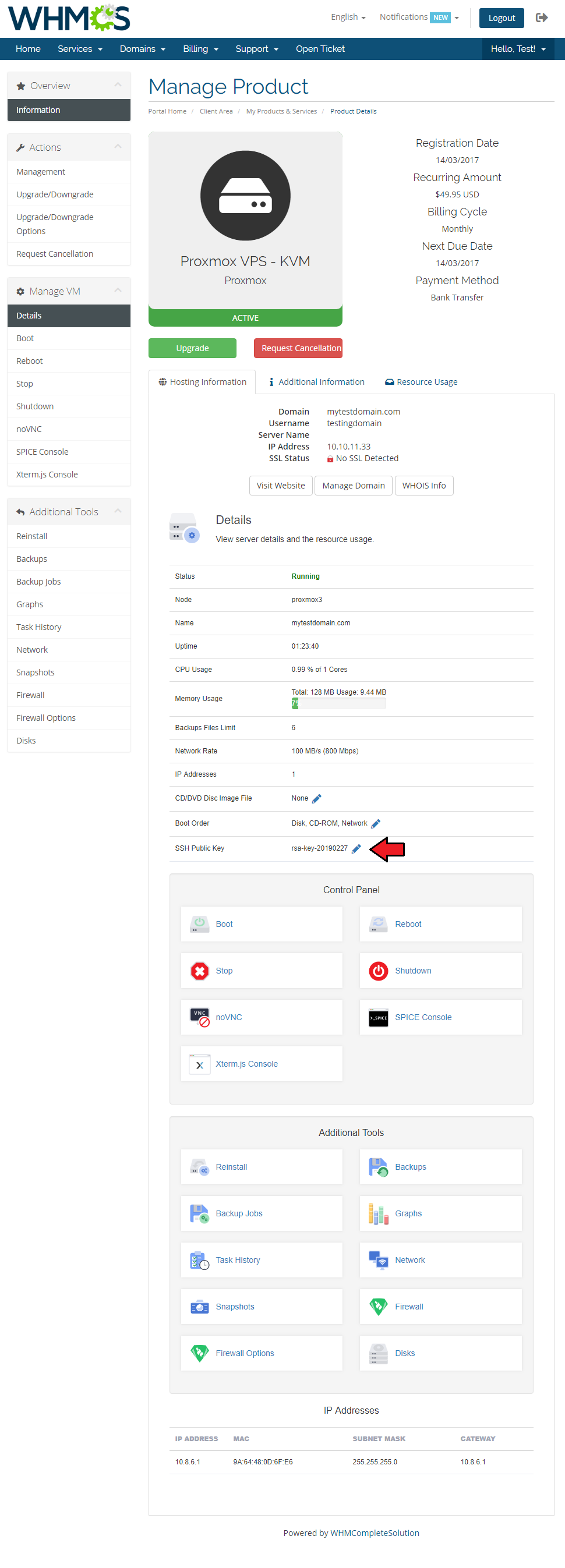 Proxmox VPS 2.X For WHMCS: client area KVM product details with an arrow pointing to the SSH Public Key row