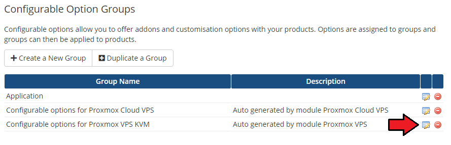 Proxmox VPS 2.X For WHMCS: WHMCS admin Configurable Option Groups list with the edit icon for the Proxmox VPS KVM group