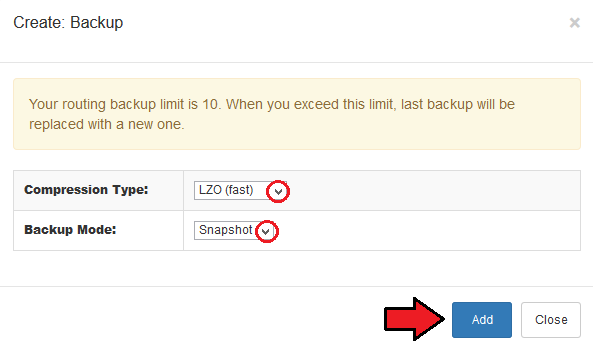 Proxmox VPS 2.X For WHMCS: Create Backup dialog with compression type, backup mode and Add button