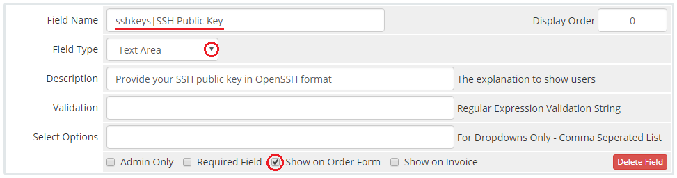 Proxmox VPS 2.X For WHMCS: WHMCS custom field for an SSH public key set as a text area shown on the order form