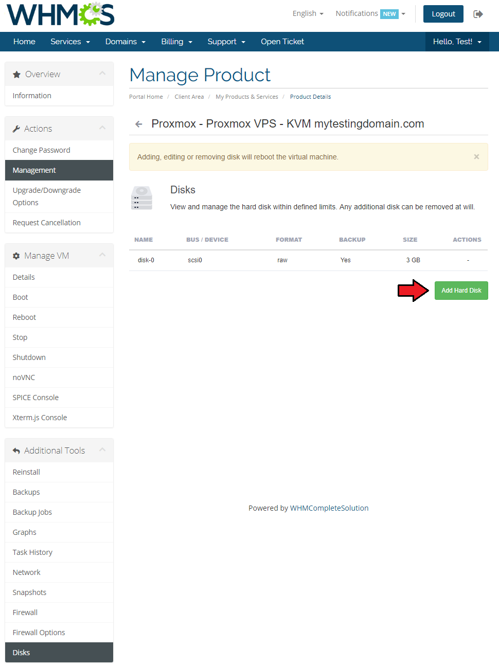 Proxmox VPS 2.X For WHMCS: client area Disks page with a disk list and the Add Hard Disk button