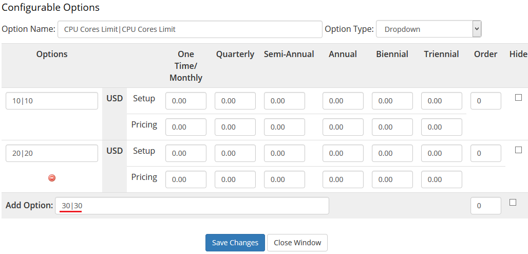 Proxmox VPS 2.X For WHMCS: configurable option edit window with a new 30|30 option added for CPU cores