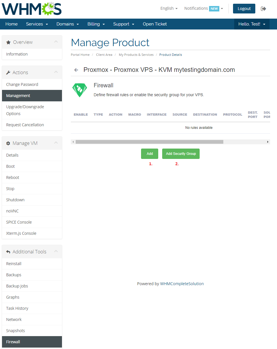 Proxmox VPS 2.X For WHMCS: client area Firewall page with Add and Add Security Group buttons
