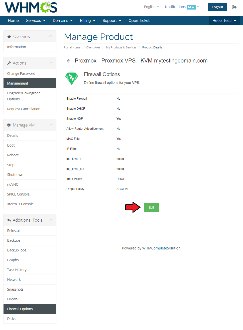 Proxmox VPS 2.X For WHMCS: client area Firewall Options page with current settings and the Edit button